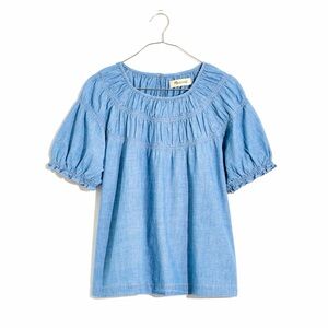 Madewell Women’s Denim Shirred Puff-Sleeve Top Chambray Medium EUC